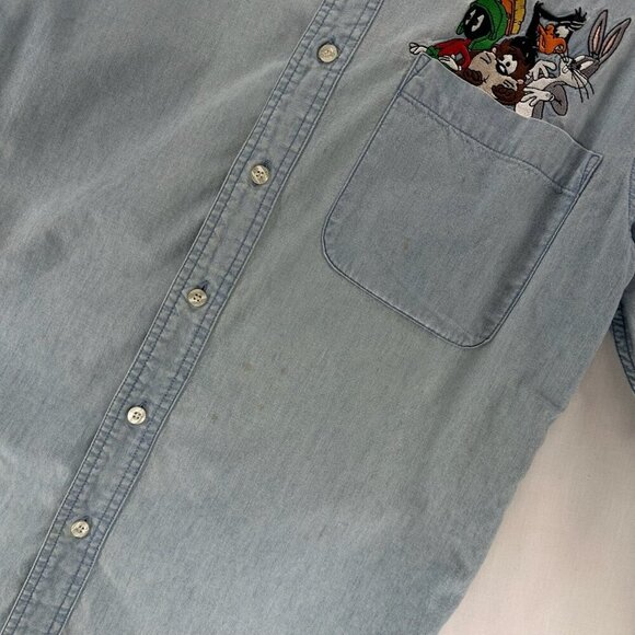 VTG Warner Bros. Shirt Adult XS Looney Tunes Denim Embroidered Button Down Blue - Picture 7 of 13
